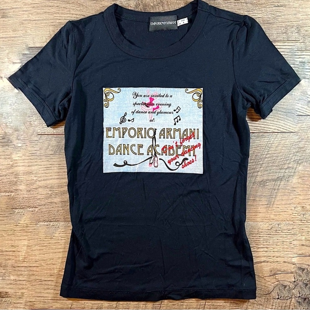 EMPORIO ARMANI T-Shirt Womens Size 38 /US 4 Black Dance Academy Invite Graphic